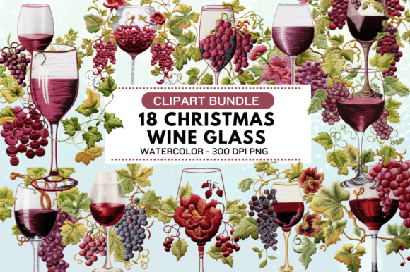 Embroidery Wine Glass Clipart Bundle for Holiday Sewing