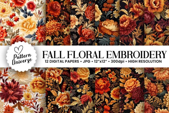 Fall Embroidery Flowers Digital Papers for Embroidery